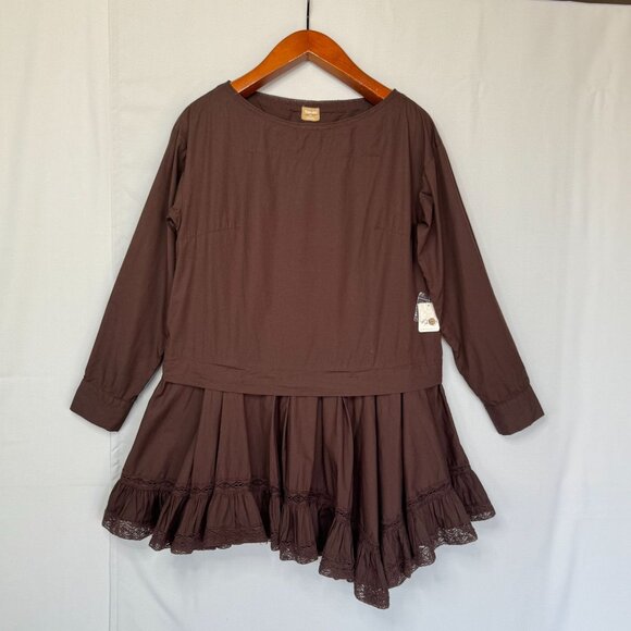 free-est La Bamba Cotton Double Espresso Drop Waist Ruffle Lace Hem Mini Dress - Picture 3 of 16